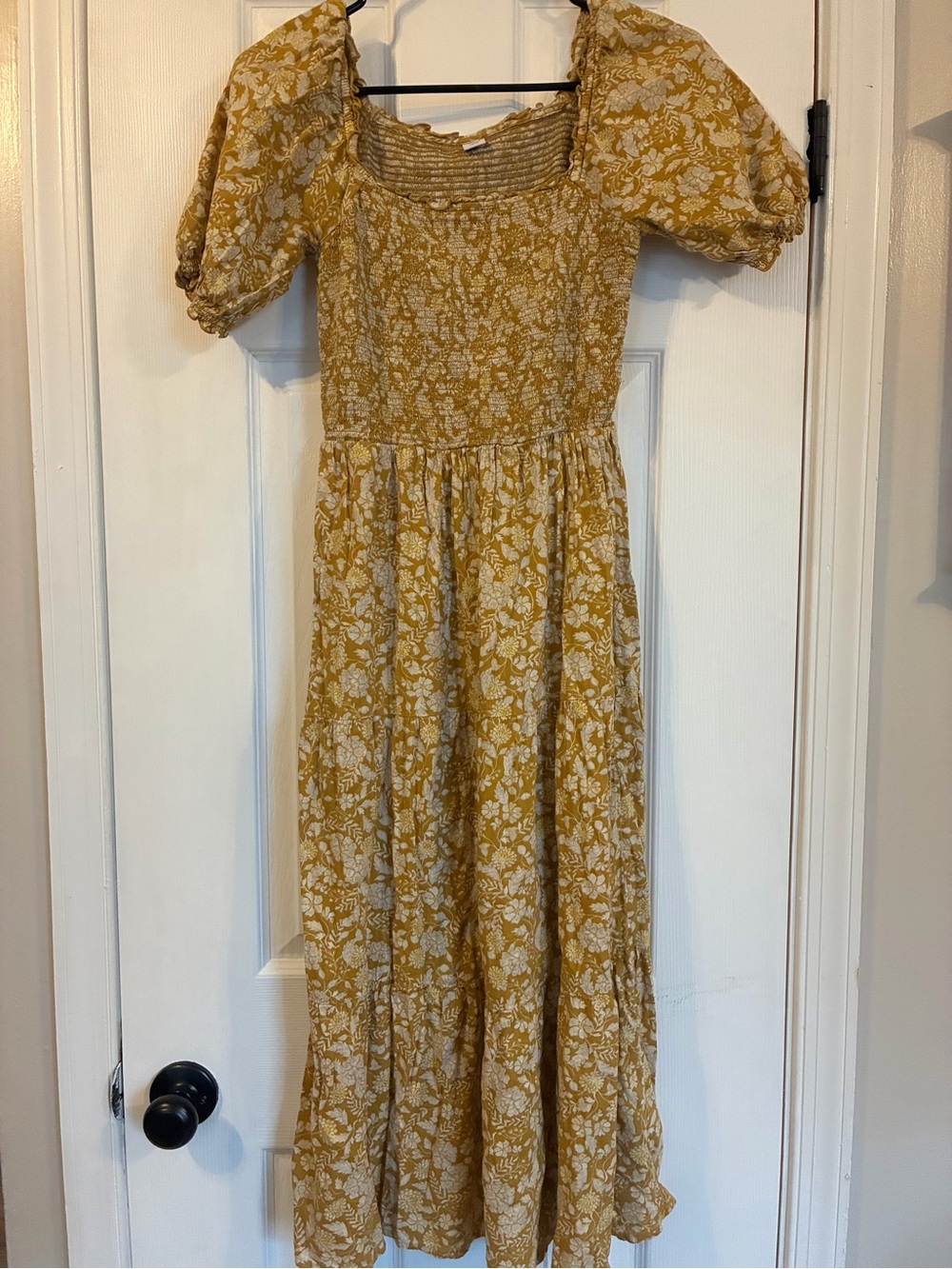 Smocked Square-Neck Floral Maxi Dress in Mustard